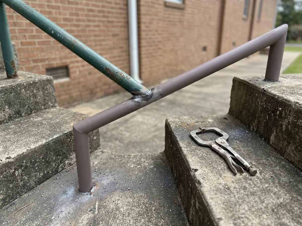 Steel extension piece welded to an existing handrail and returned down to the floor