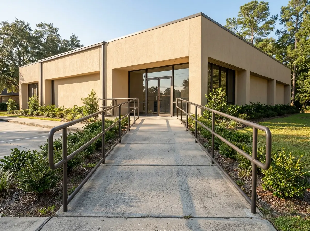 Aluminum handrails on both sides of a concrete ramp to a building entrance