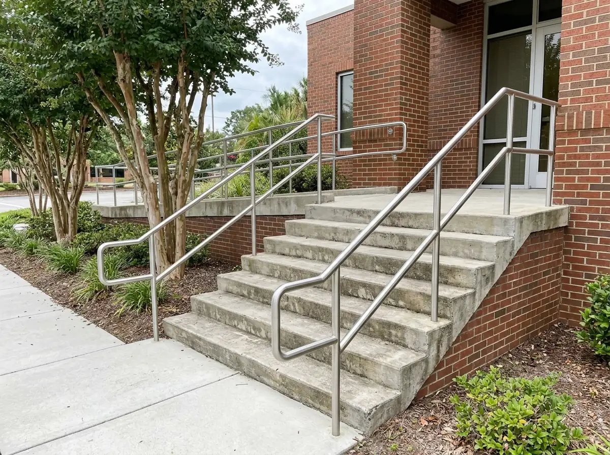 Stainless steel handrail extending level past the top riser onto a concrete landing