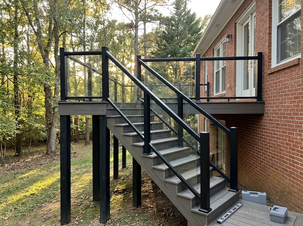 Black aluminum railing frame with clear glass infill panels on a raised deck stair