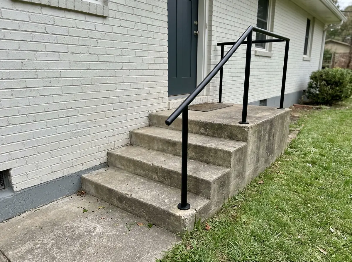 Round black aluminum handrail on short posts along concrete steps to a side door