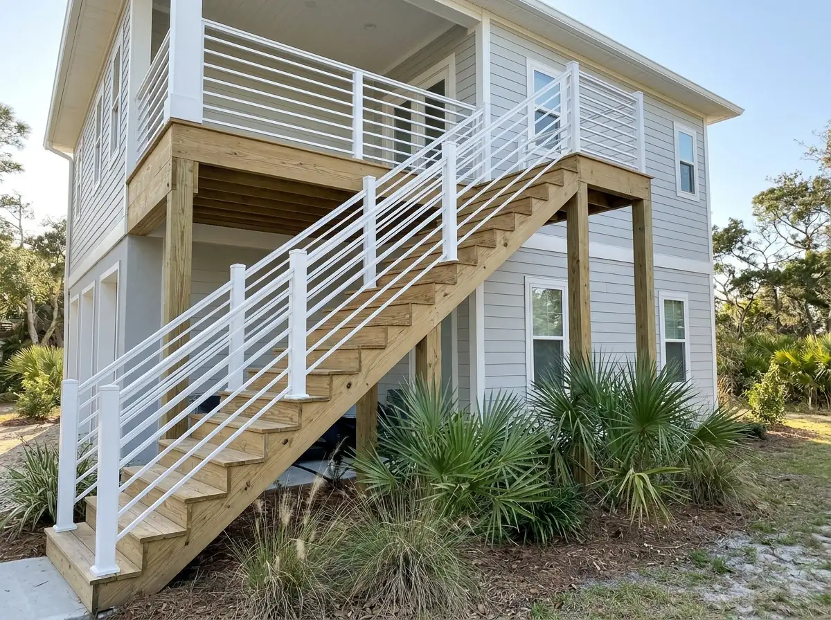 White aluminum railing with horizontal bars along a straight exterior staircase
