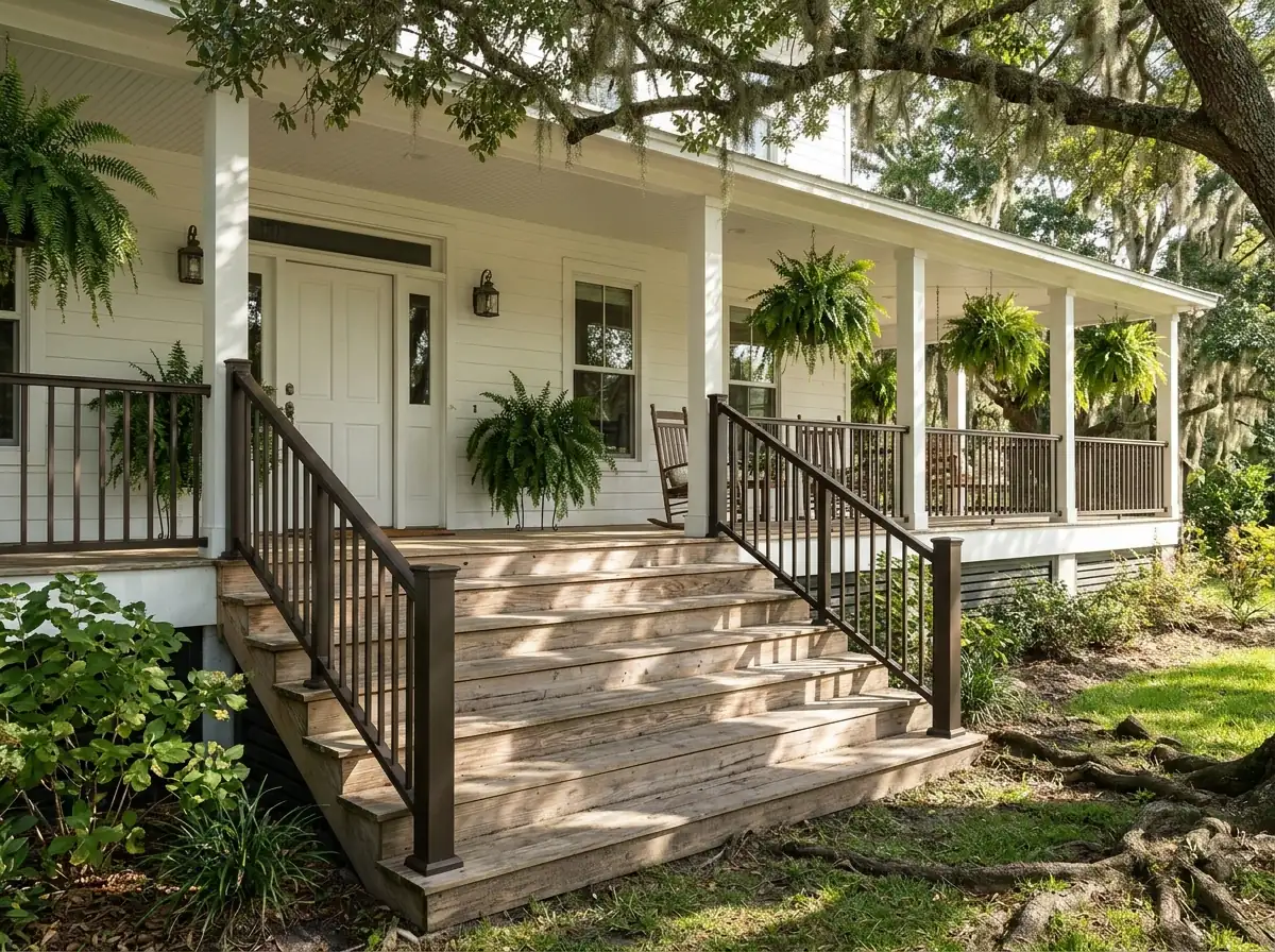 Bronze powder-coated aluminum picket railing along porch steps of a white farmhouse-style home