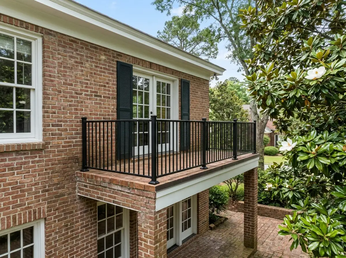 Black metal railing around a second-floor exterior balcony over a brick patio