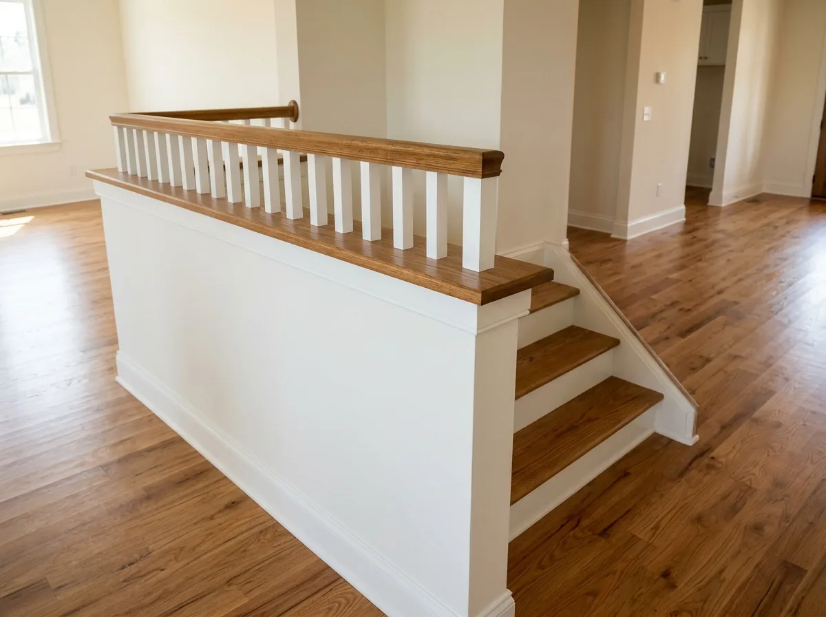 Painted half wall topped with a wood cap and short balusters beside an open stair