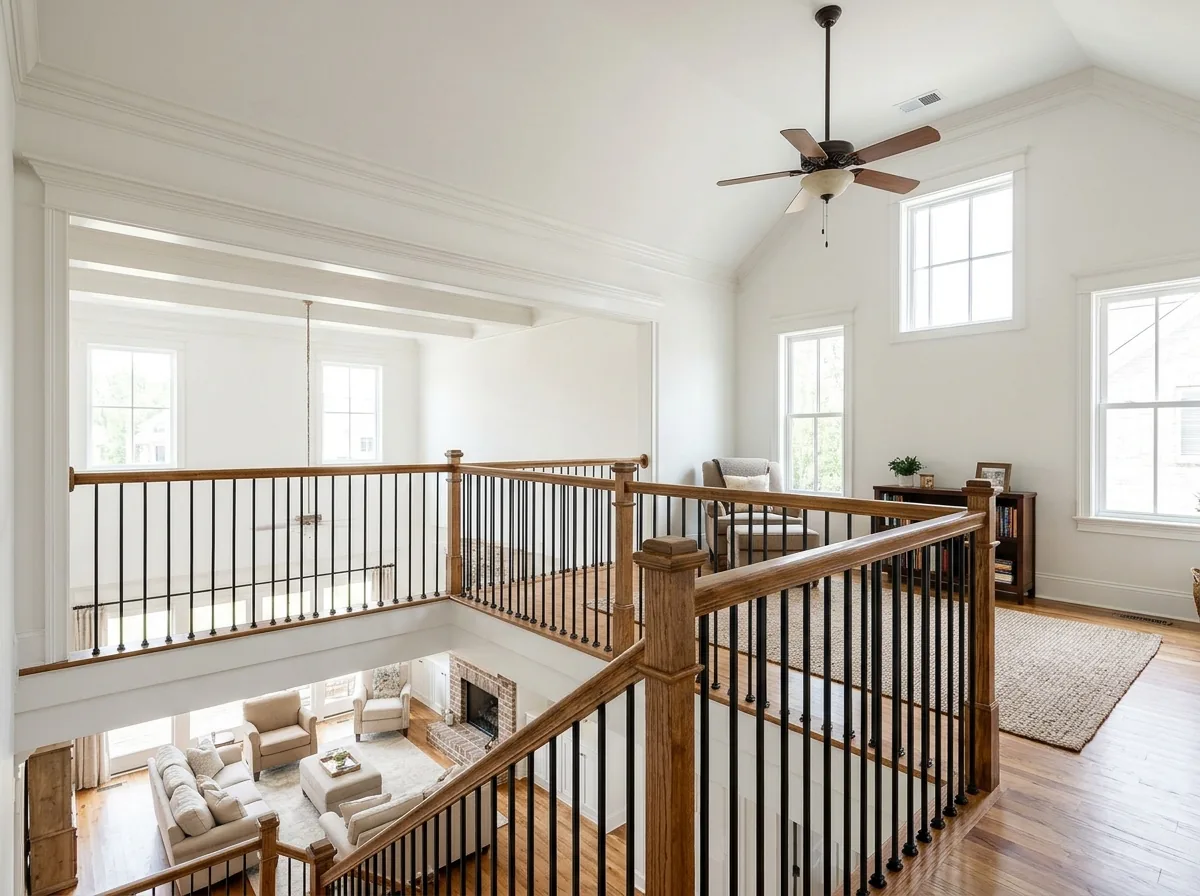 Wood and iron baluster guard rail along an upstairs loft overlooking a living room