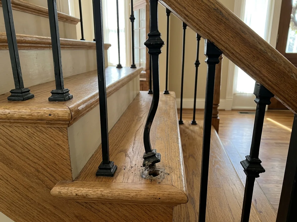 Bent black iron baluster with a loose shoe at the base of a stair tread