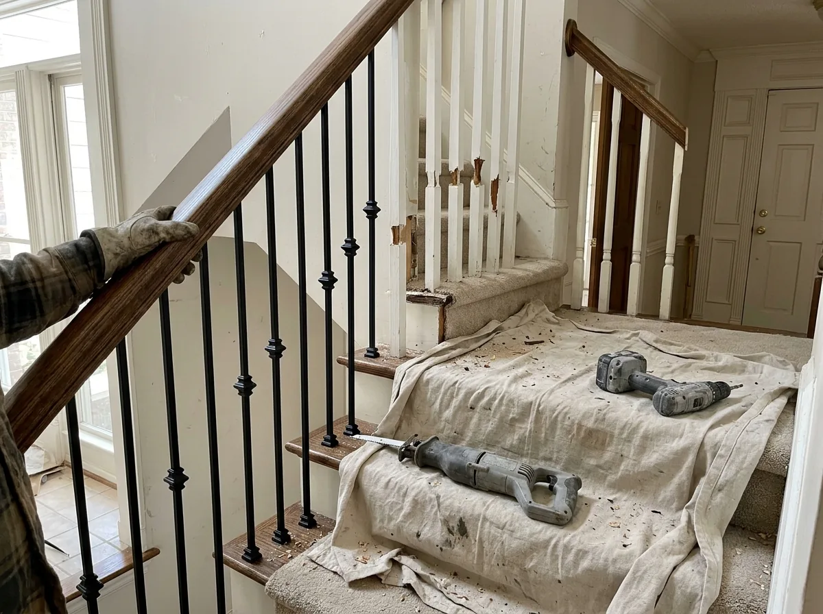 Staircase mid-job with old white wood spindles being cut out beside new black iron balusters