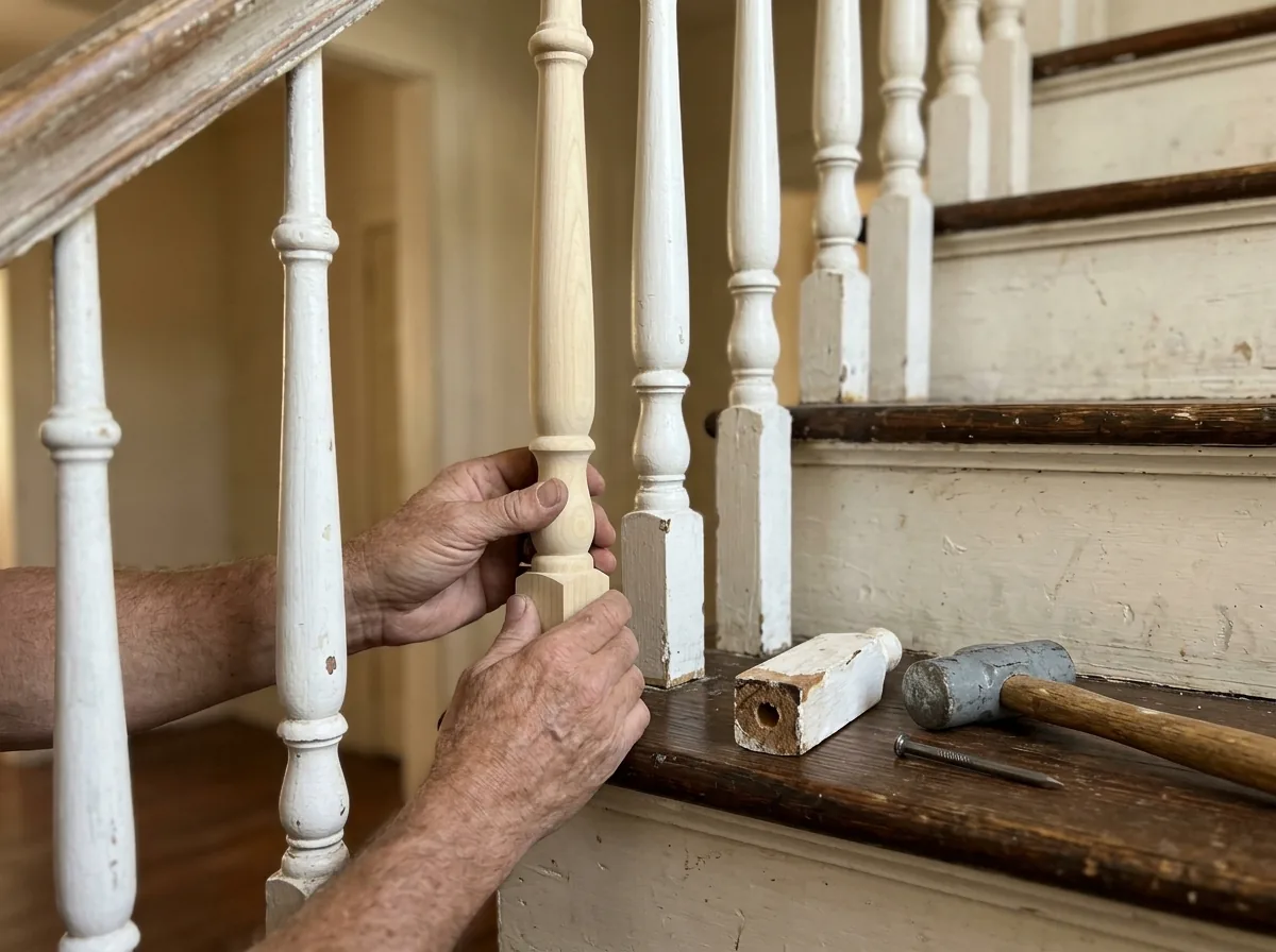 New turned wood spindle being fitted into a stair tread between older painted spindles