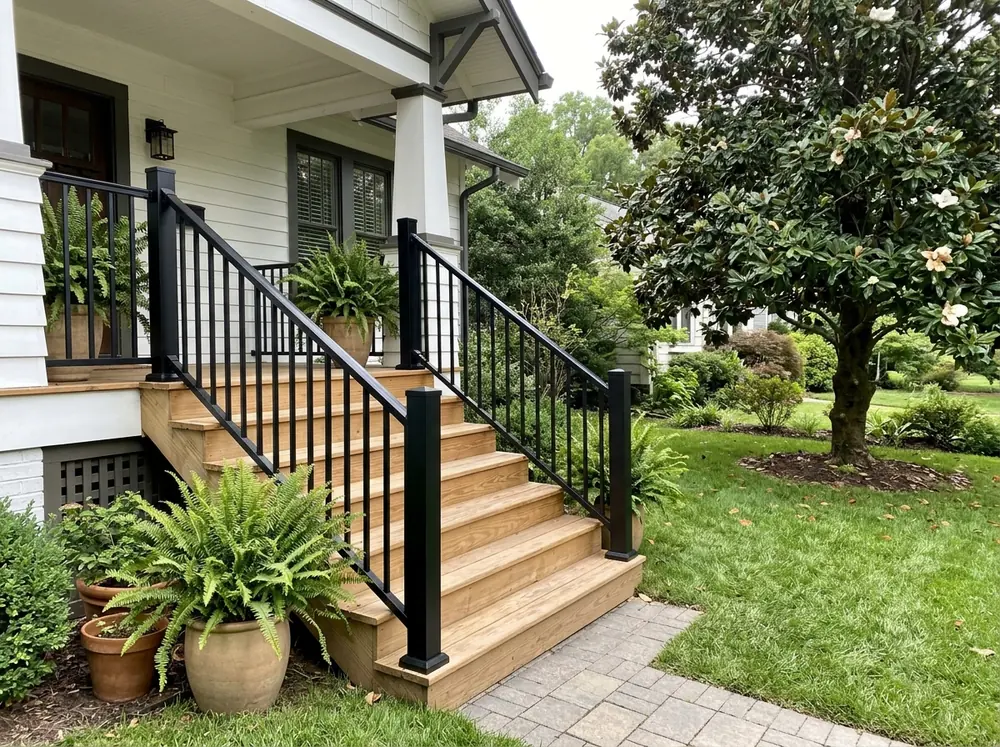 Black aluminum picket railing on wooden steps from a raised front porch