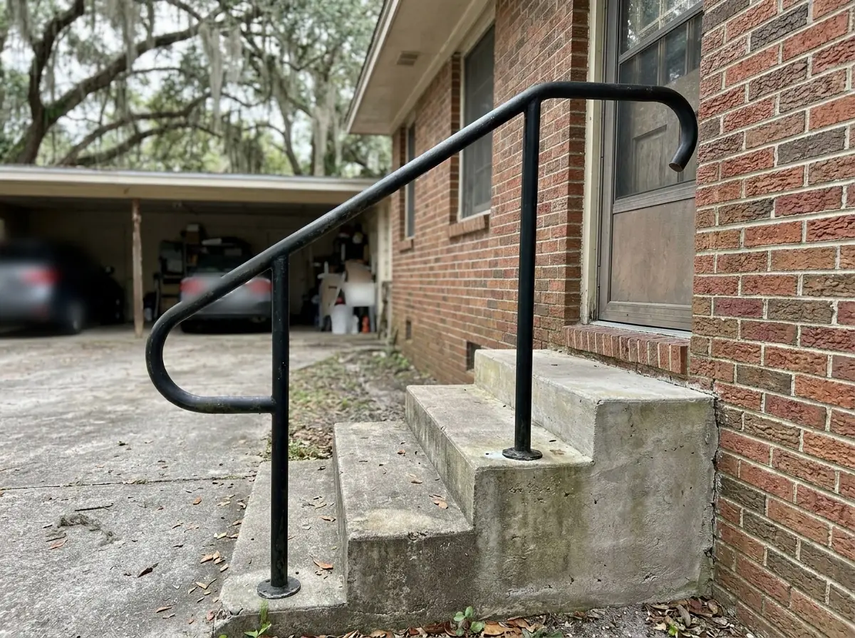 Round black metal handrail along three concrete entry steps