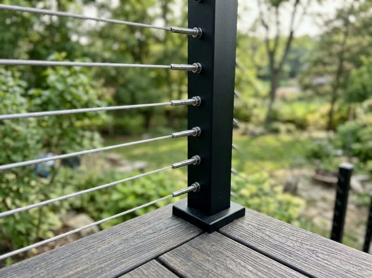 Black powder-coated aluminum cable railing posts with stainless tensioners at the end of a run