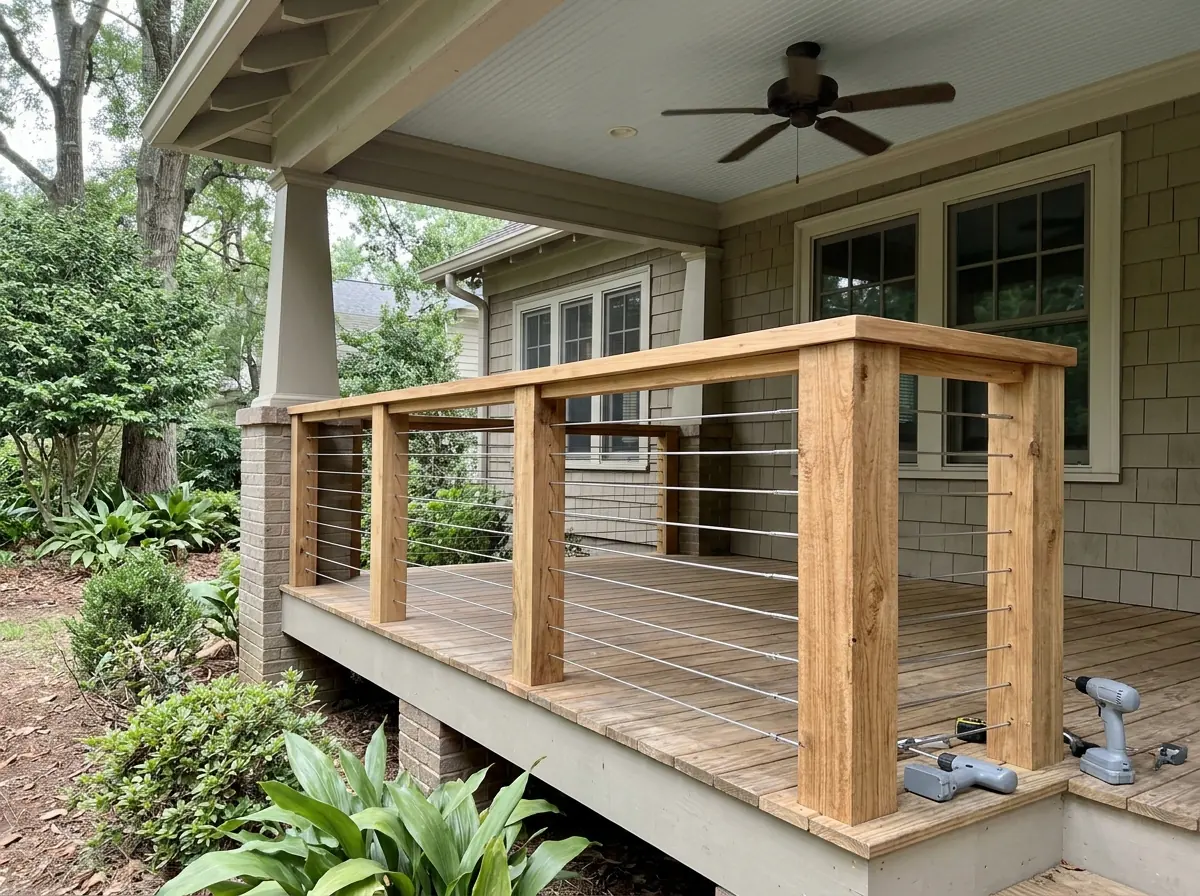 Cedar wood posts drilled for horizontal stainless cable runs on a porch railing