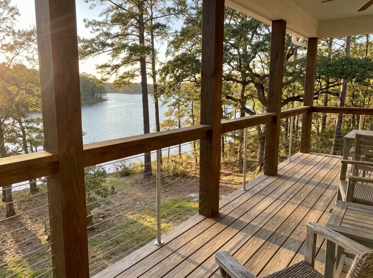Stainless cable railing on wood posts around a backyard deck overlooking a lake