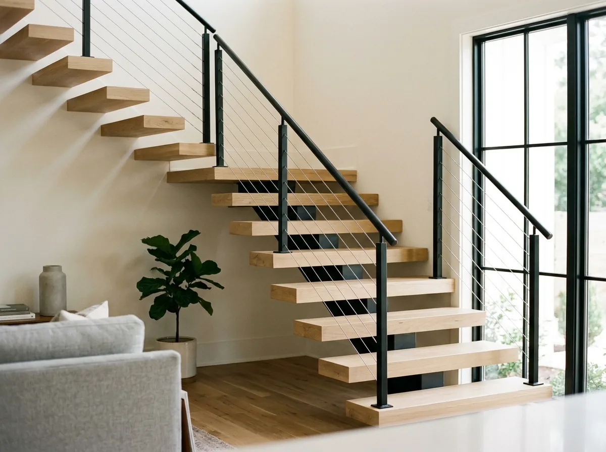 Horizontal stainless cables between black steel posts along an open interior staircase