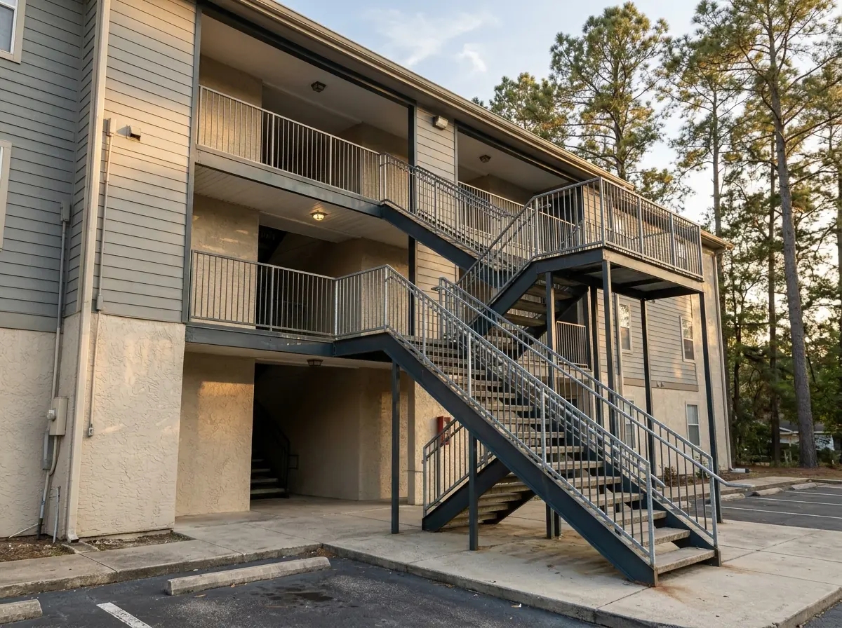 Exterior apartment breezeway stairs with galvanized steel rails and pickets