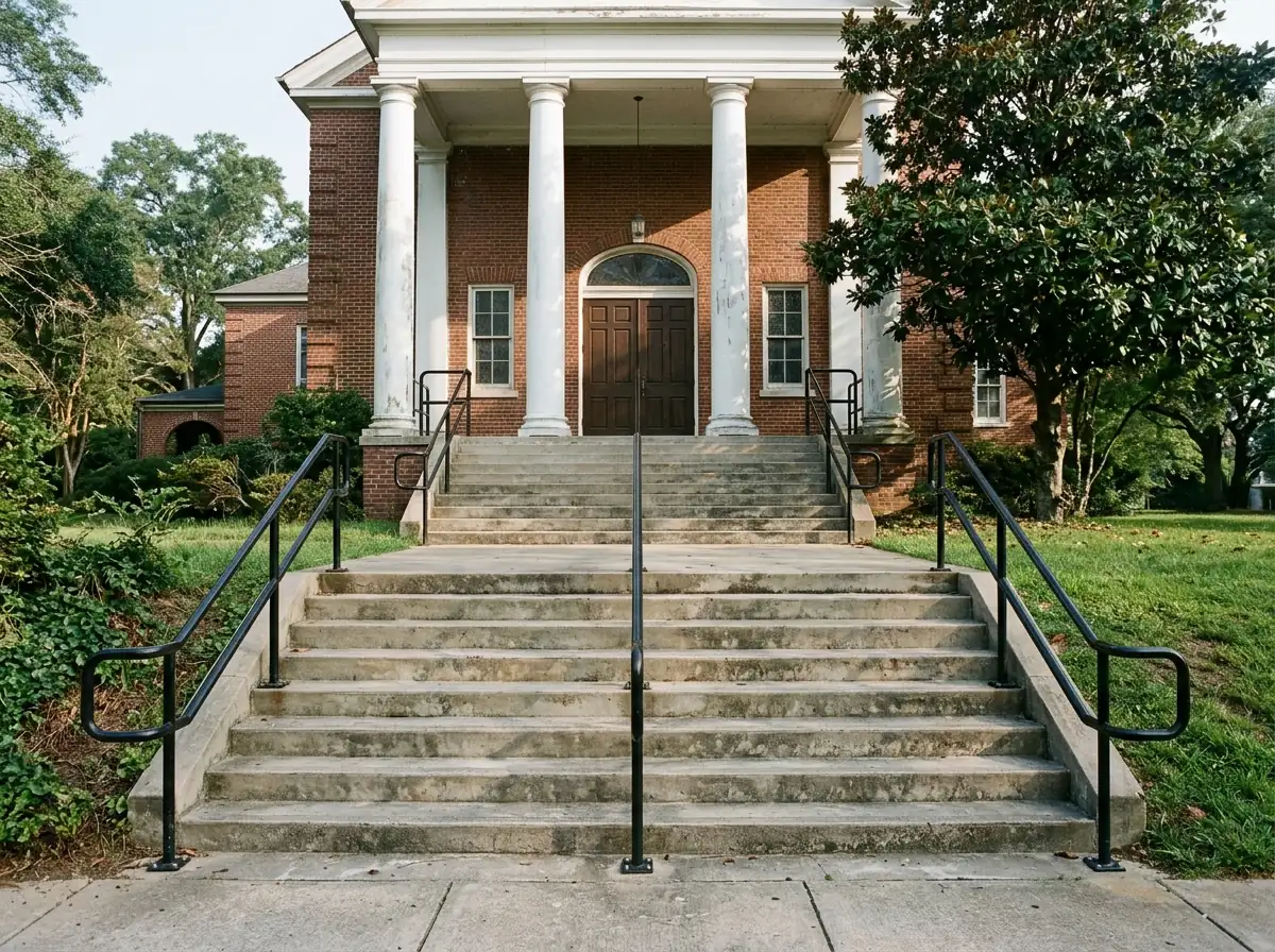 Painted steel handrails on both sides and down the center of wide church entry steps