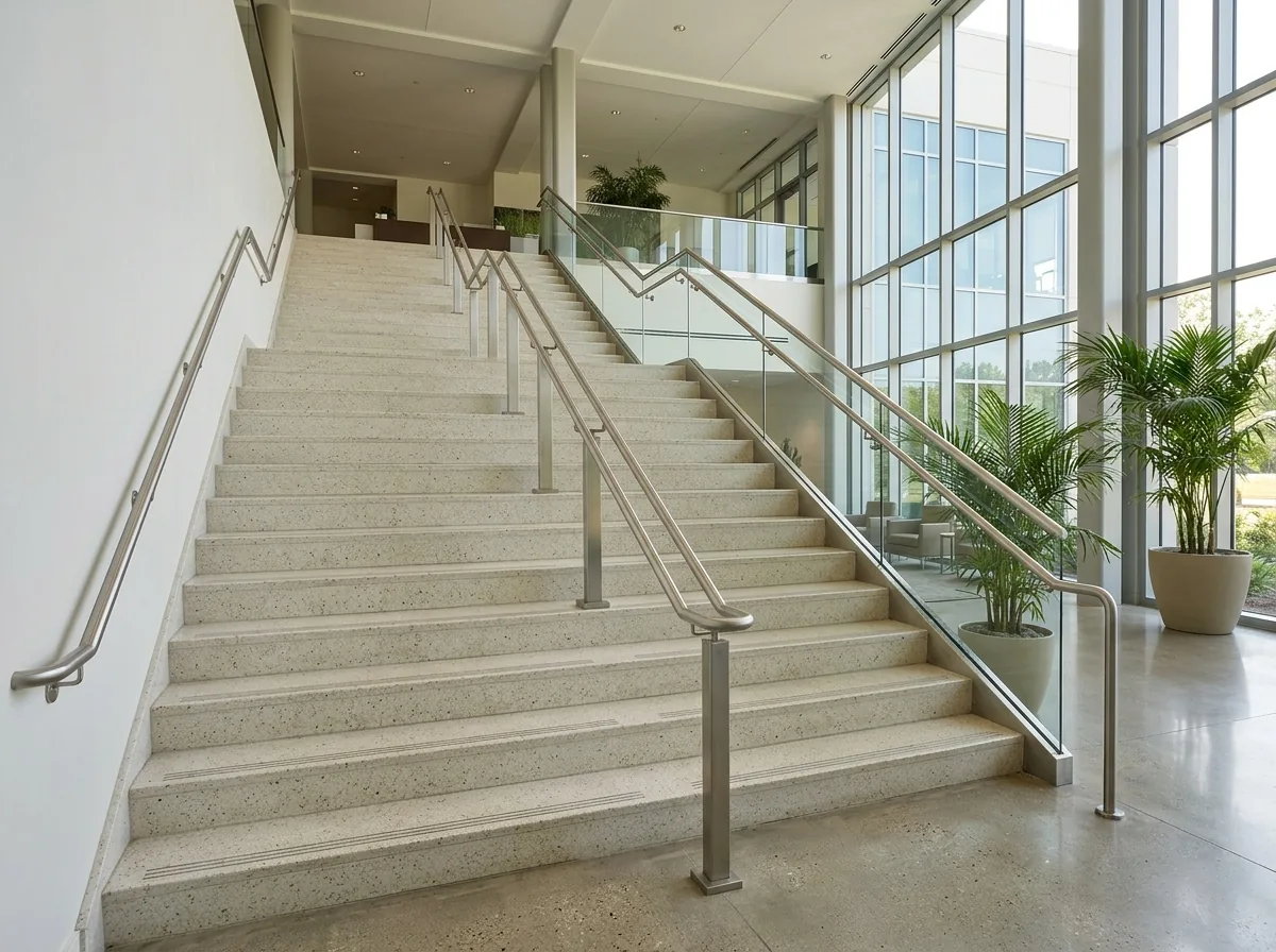 Brushed steel handrails on both sides of a lobby stair in an office building