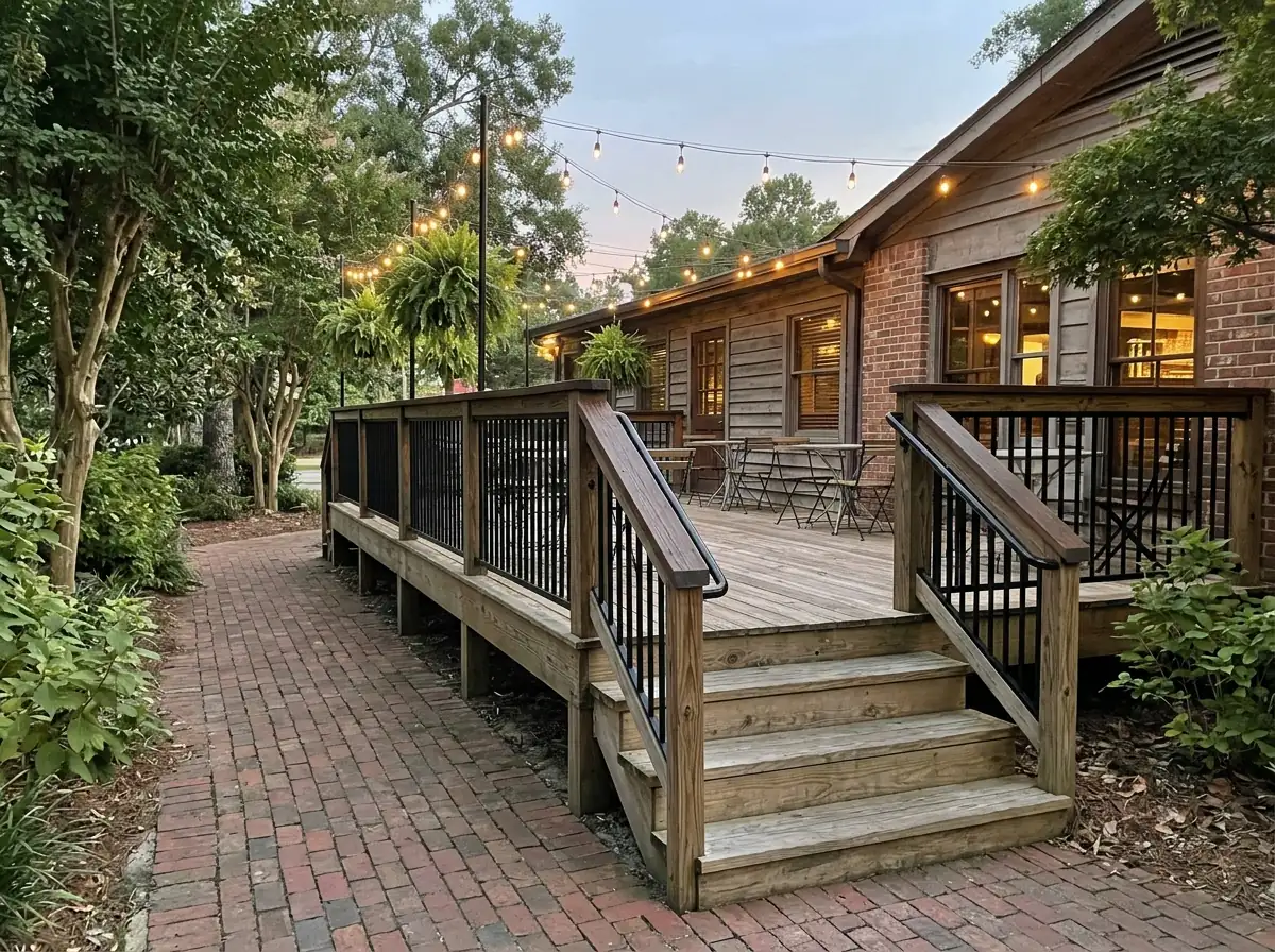 Black aluminum guard with a wood cap rail around a raised restaurant patio