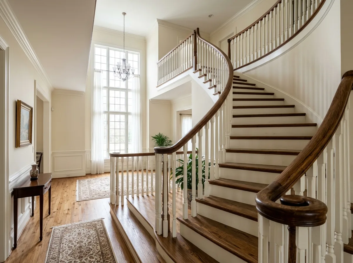 Stained wood handrail following a sweeping curved staircase with painted balusters