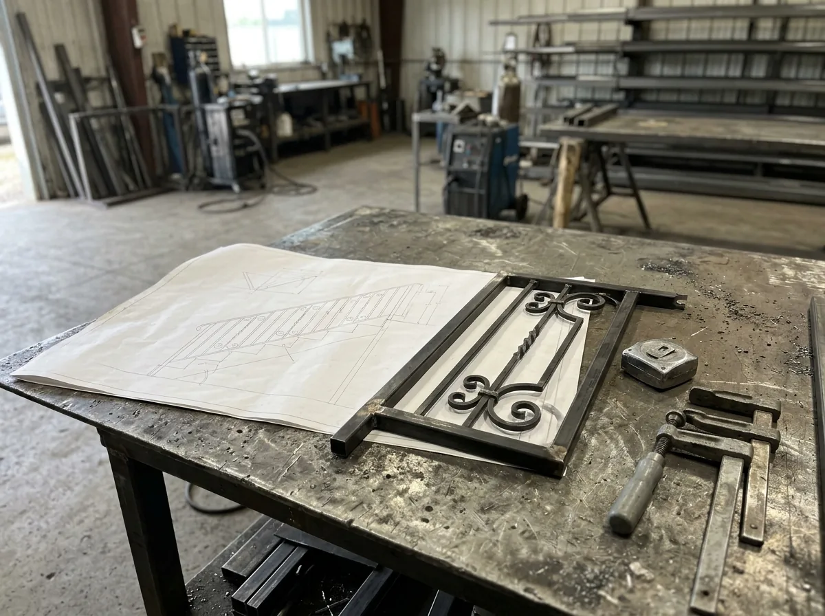Railing shop drawing on a workbench beside a welded steel sample panel and gray clamps