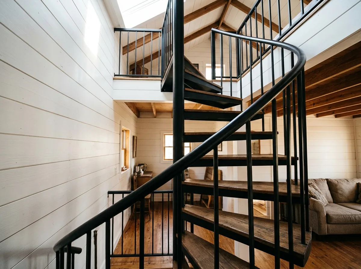 Black steel spiral staircase with a continuous curved handrail and vertical balusters