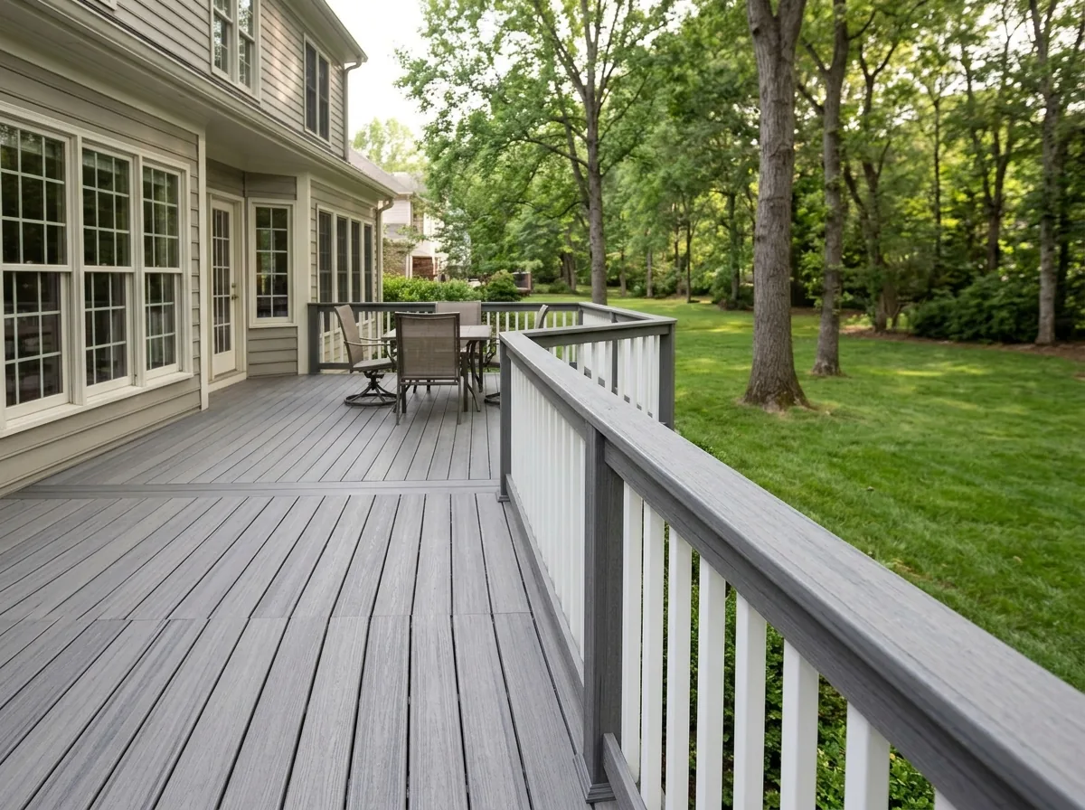 Gray composite deck railing with white balusters on a composite deck