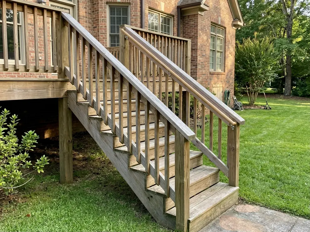 Deck stairs with an angled wood rail and balusters running down to the lawn