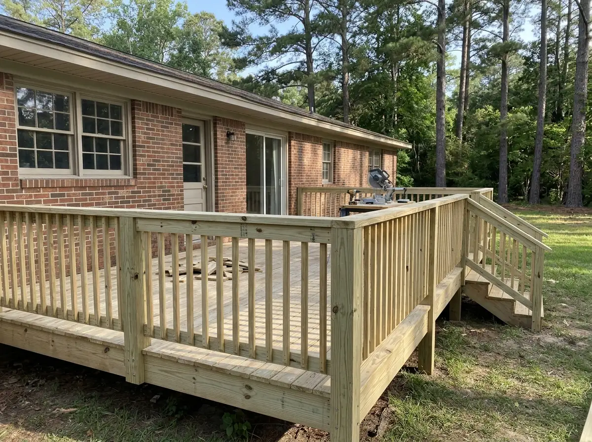 Pressure-treated pine deck railing with square balusters around a backyard deck