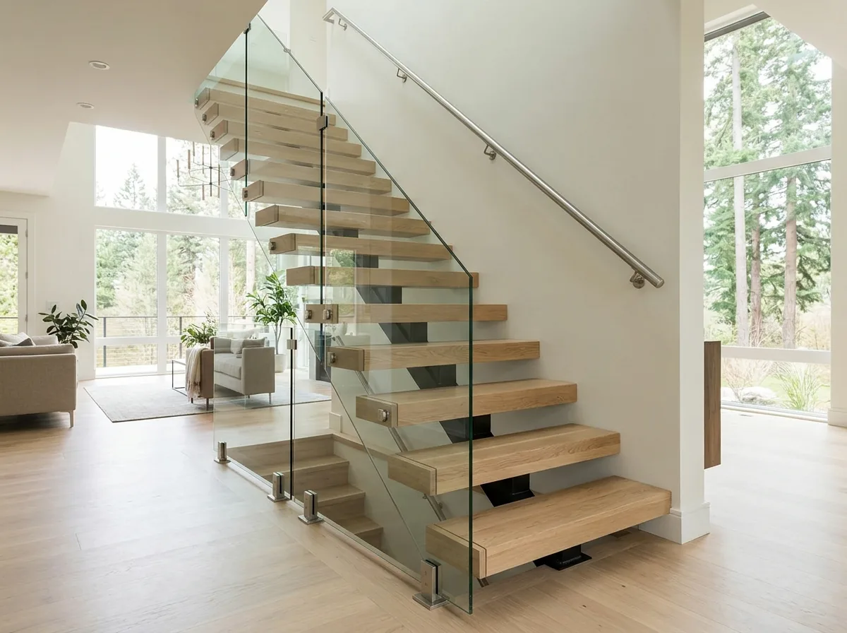 Open-riser white oak staircase with clear glass railing panels and stainless clamps