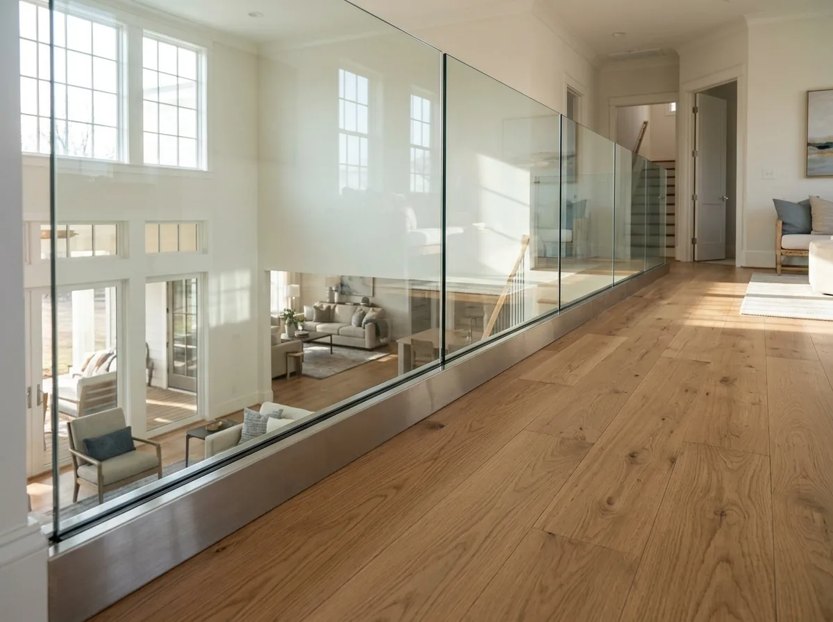 Frameless clear glass panels set in a continuous metal base channel along the edge of a stair landing floor
