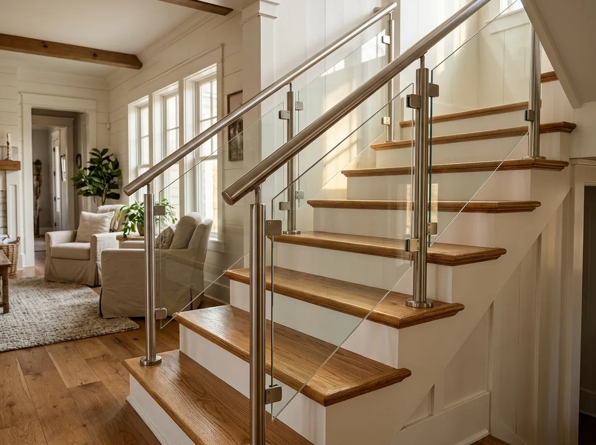 Brushed stainless posts with small clamps holding clear glass panels along a staircase