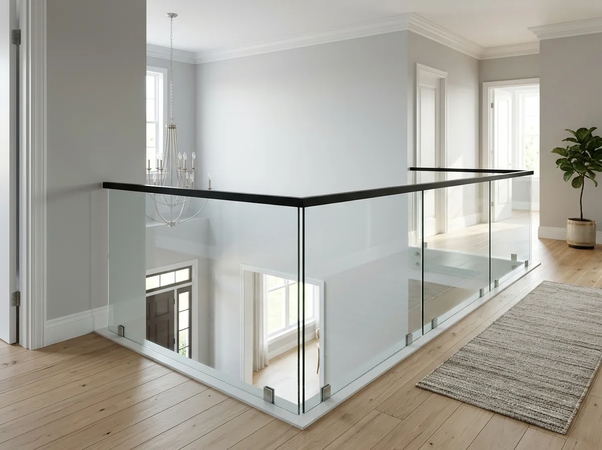 Glass railing panels capped with a continuous metal top rail along a second-floor landing