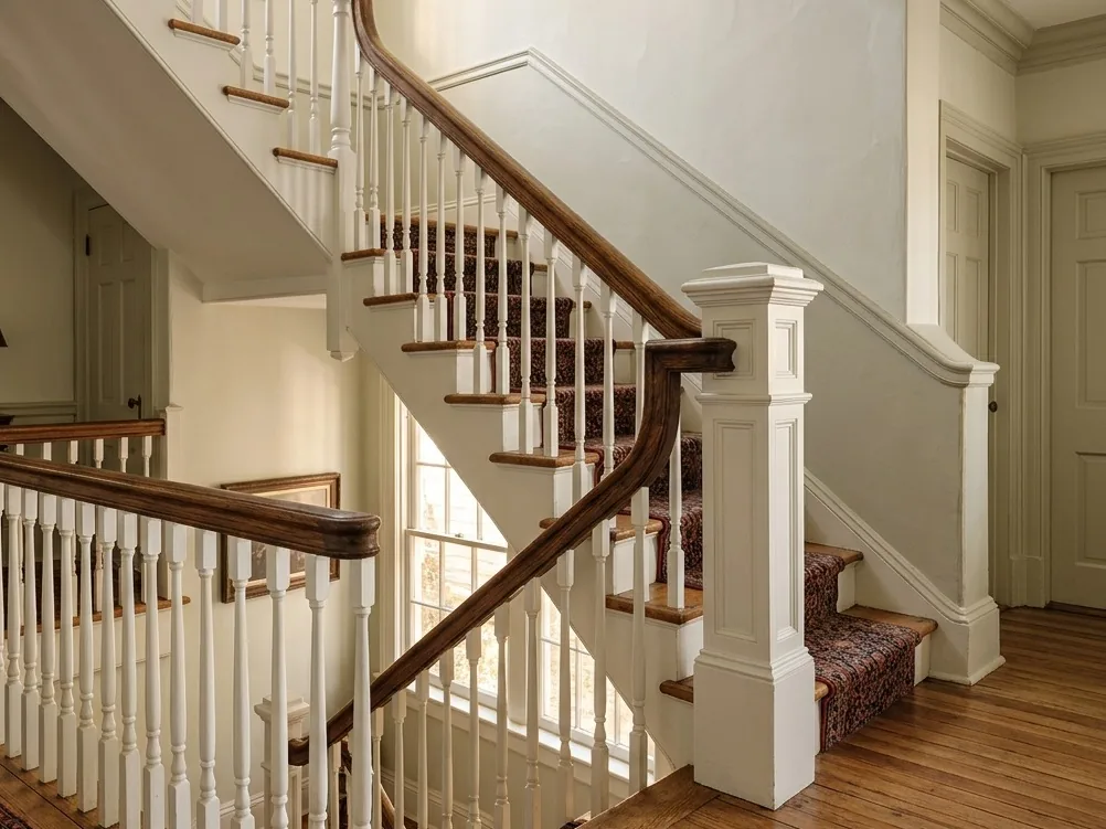 Wood handrail with a gooseneck fitting turning at a stair landing