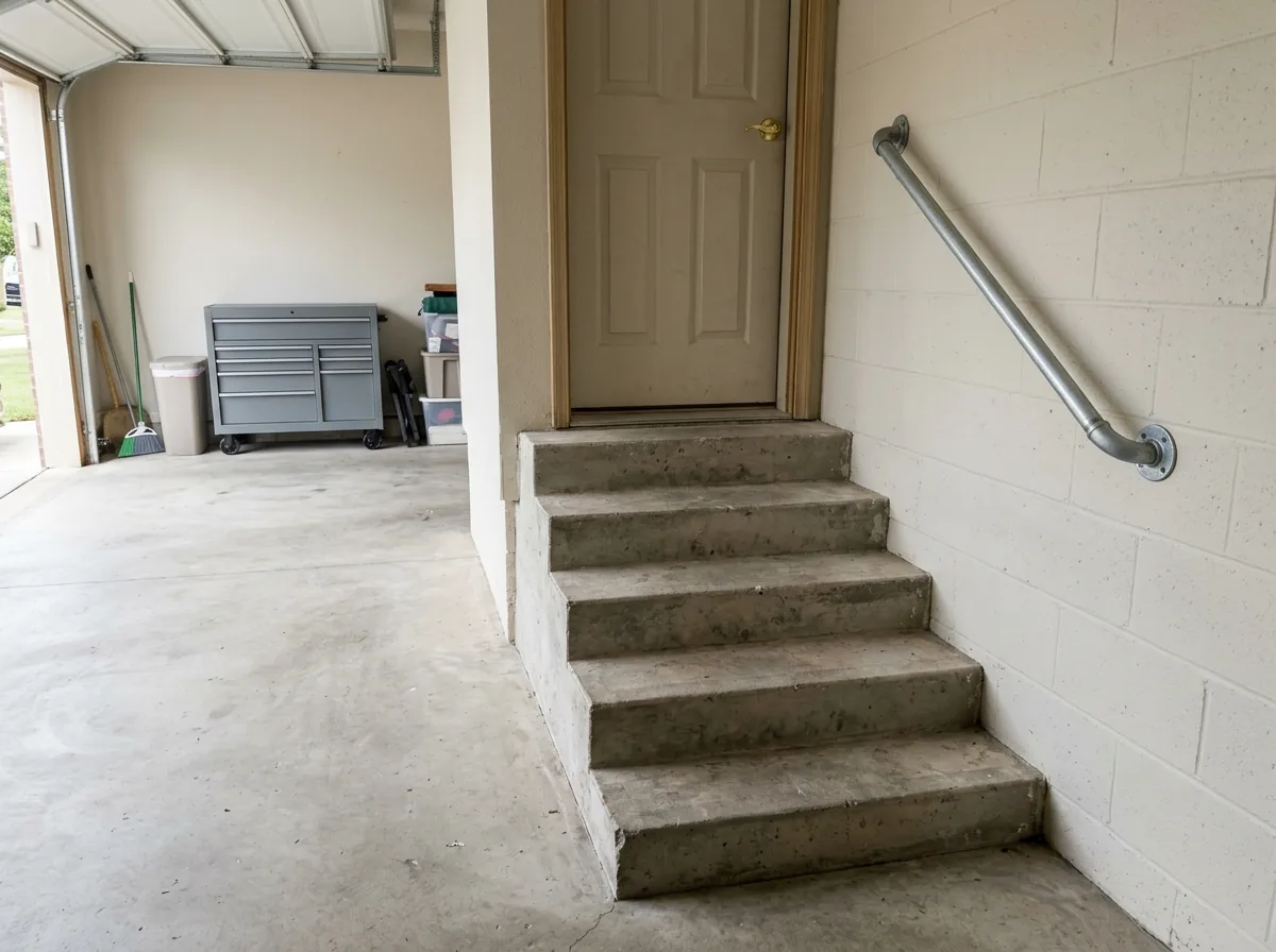Galvanized steel pipe handrail on wall flanges beside concrete garage steps
