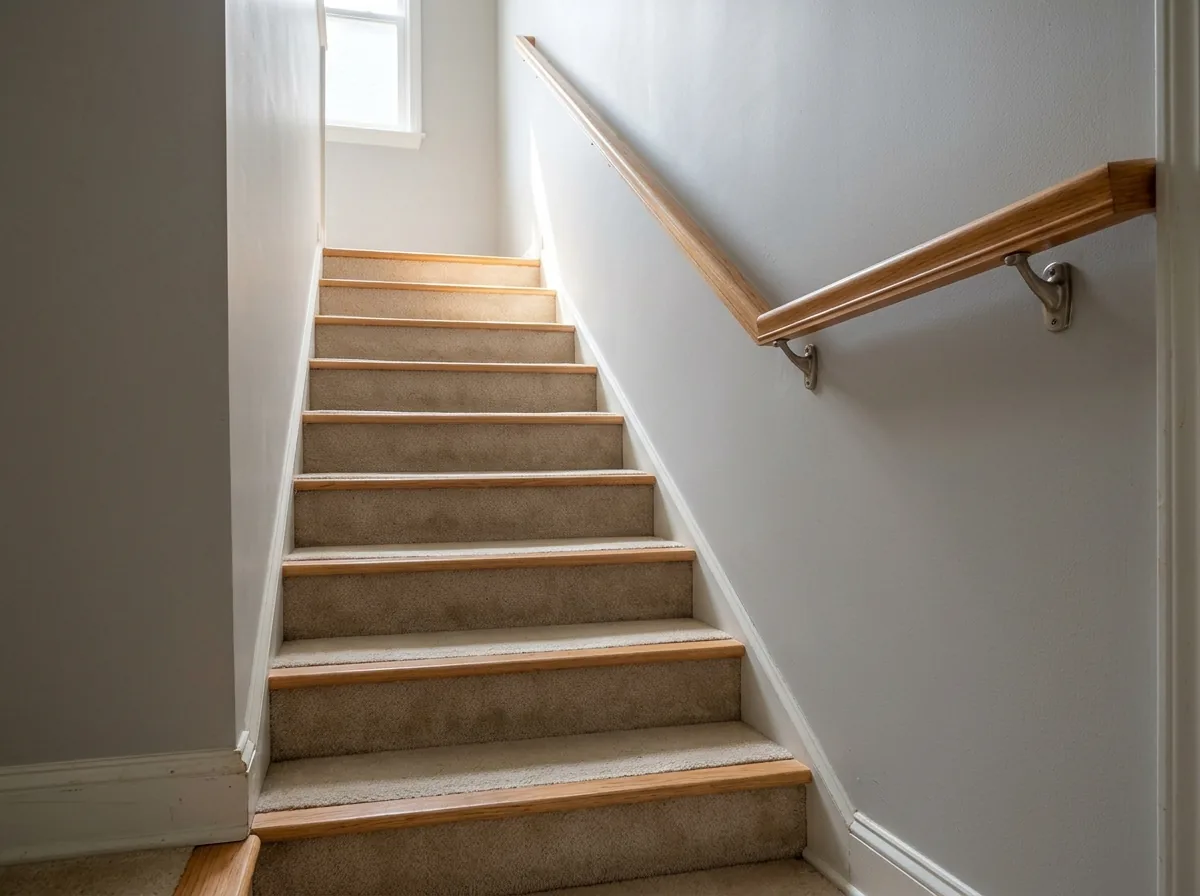 Round oak handrail on brushed metal brackets along a painted drywall stairwell