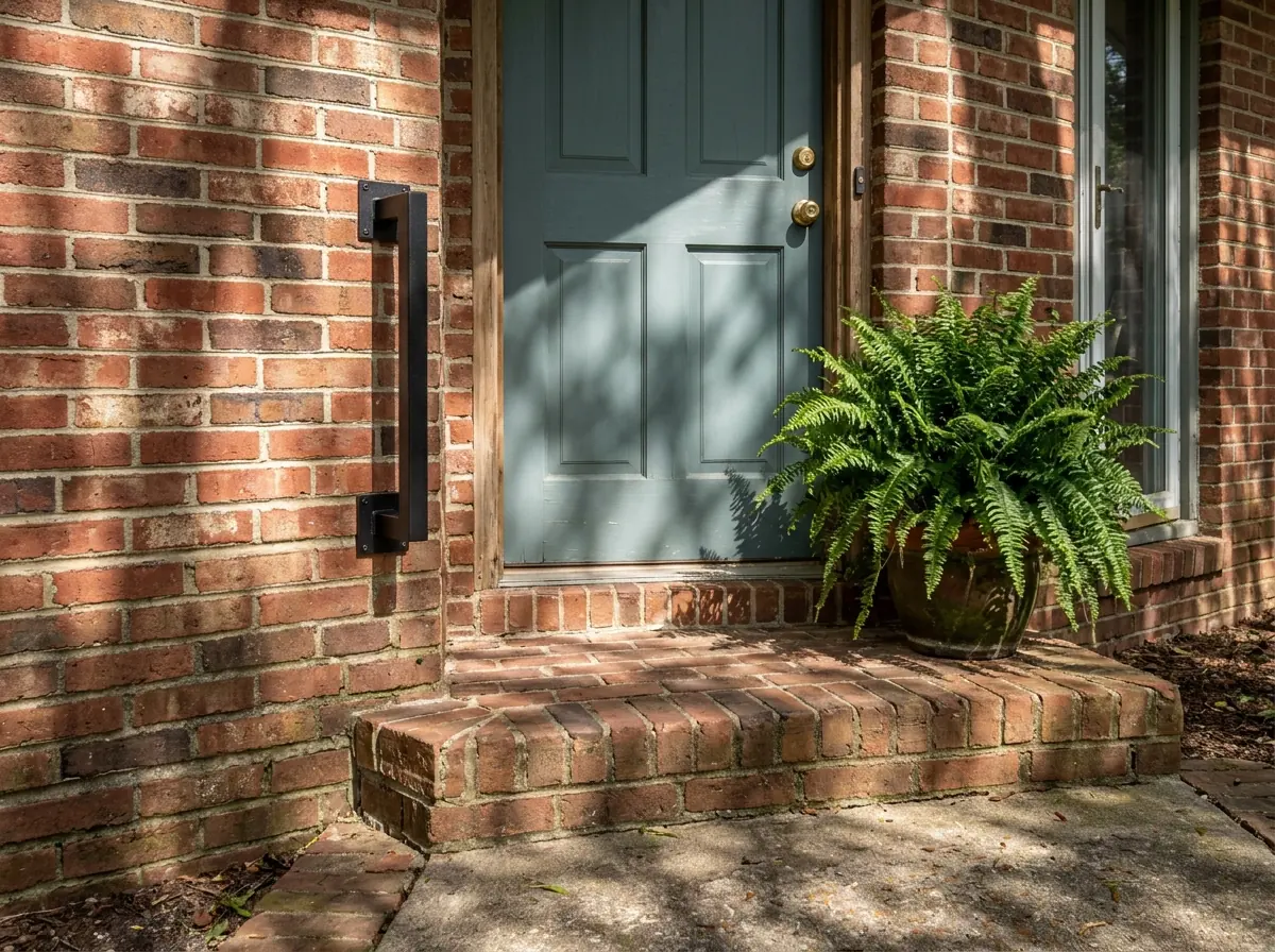 Short black metal grab rail beside a brick front step and a front door