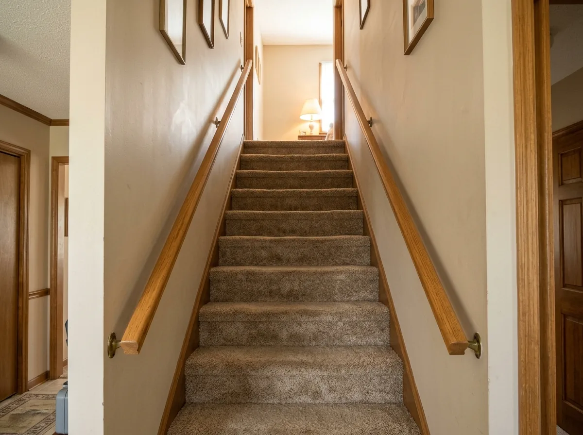 Two matching oak handrails on both sides of a carpeted interior staircase