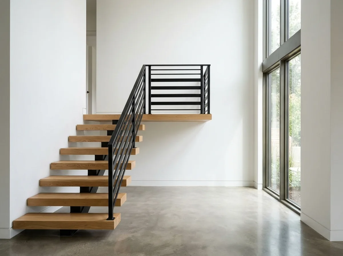 Floating oak staircase with a matte black horizontal flat-bar steel railing