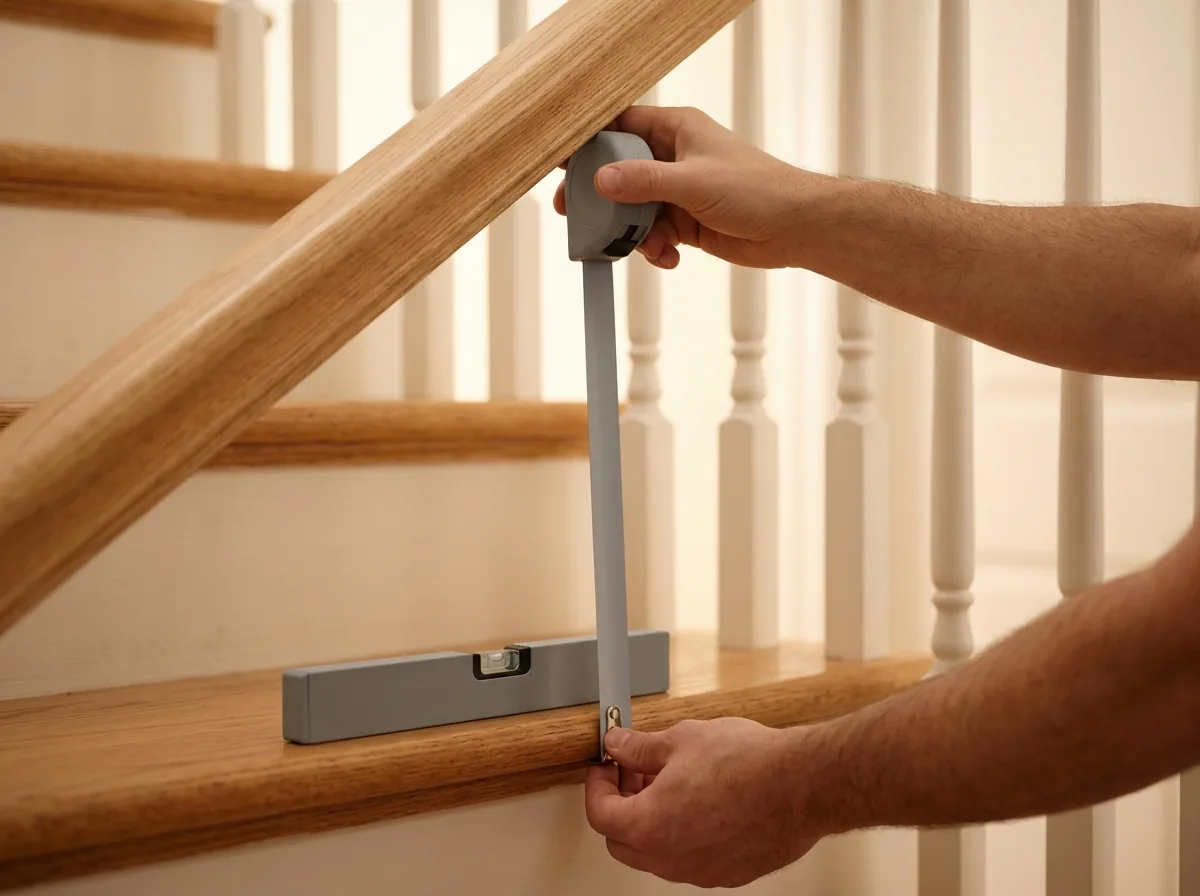 Hands measuring handrail height above a stair tread with a tape measure