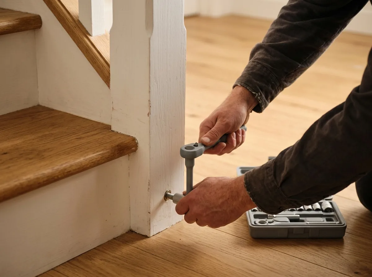 Hands tightening the base of a loose newel post at the bottom of a staircase