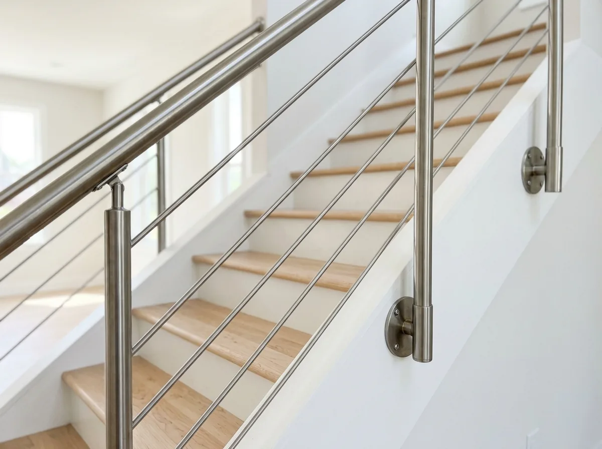 Brushed stainless steel posts and handrail along a modern staircase with light wood treads