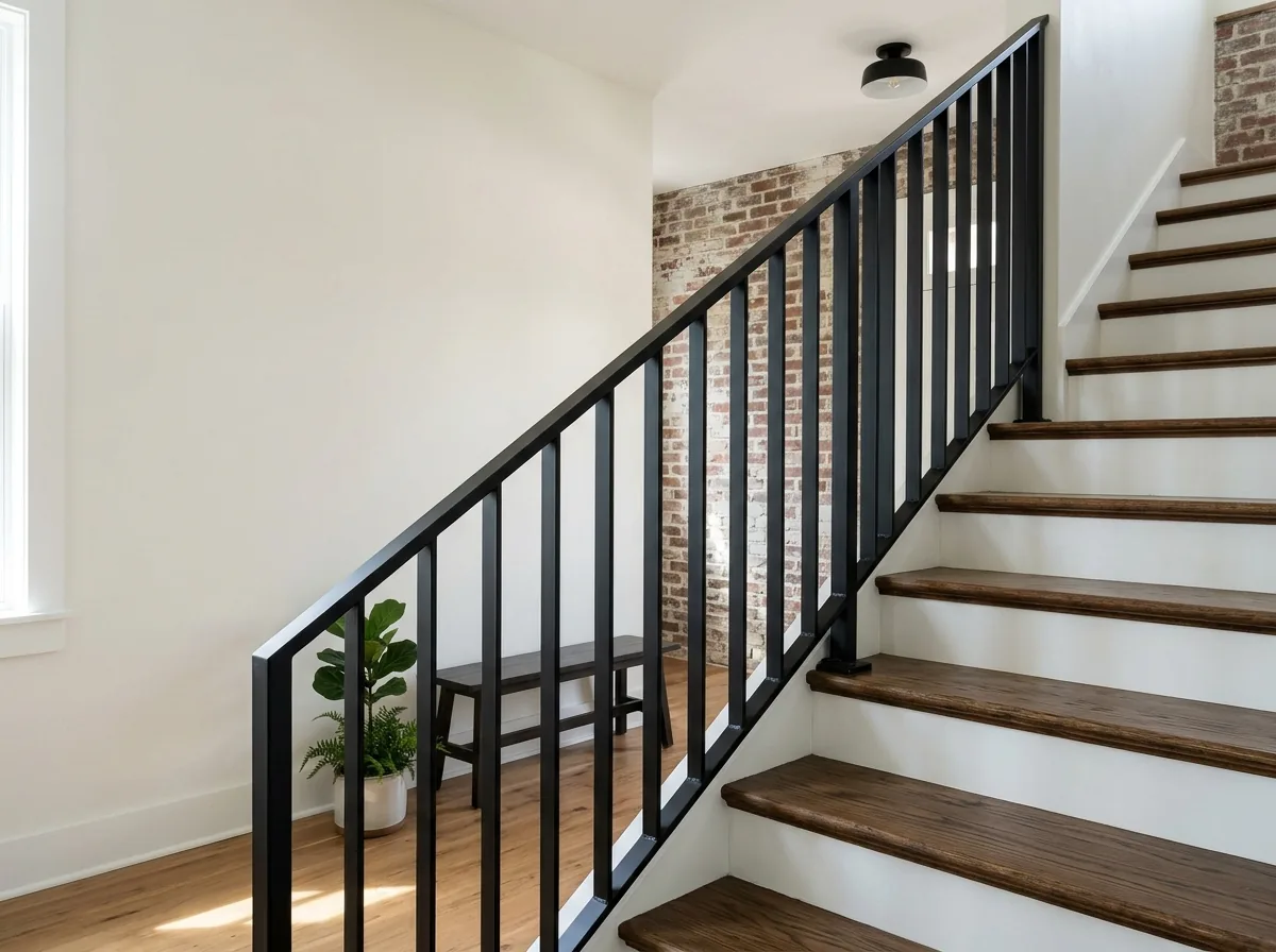 Matte black vertical flat-bar steel balusters under a slim steel handrail on a staircase