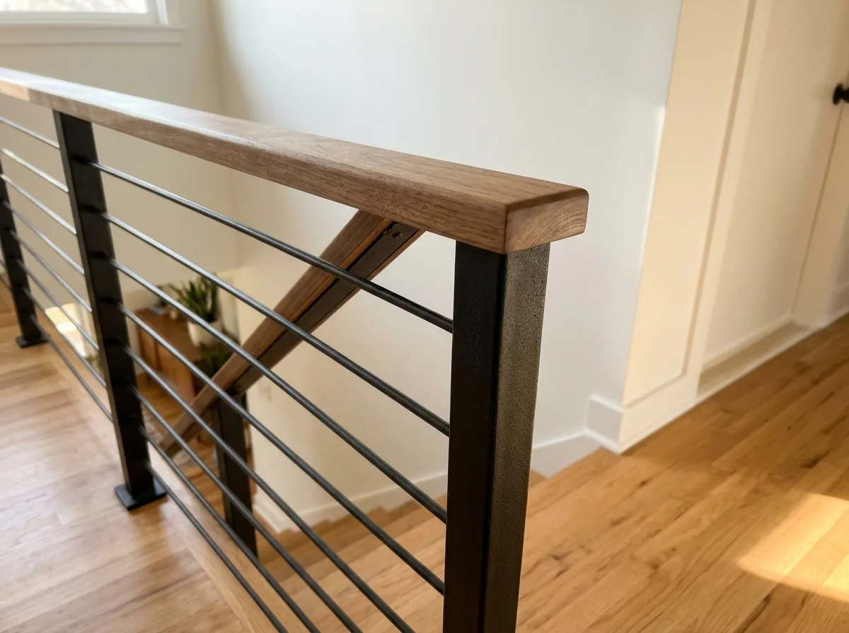 Walnut handrail capping black steel posts and horizontal rods on an interior staircase
