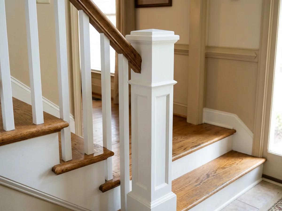 Square raised-panel box newel post painted white at the foot of an oak staircase