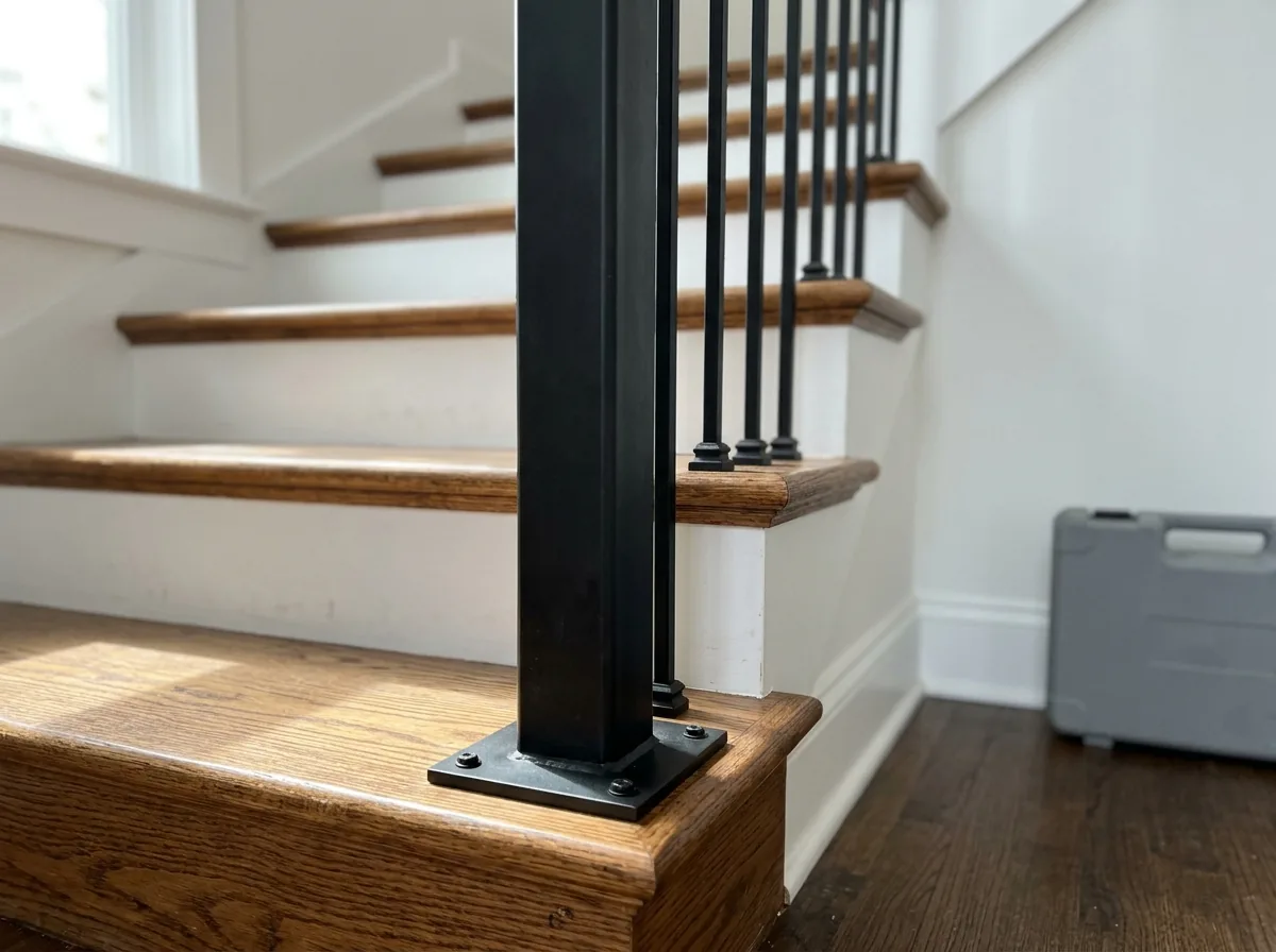 Square black steel newel post on a base plate at the bottom of a staircase with iron balusters