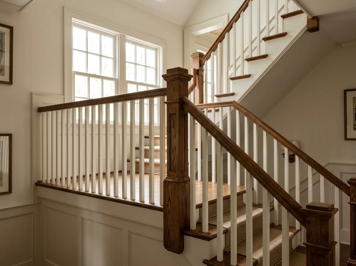 Stained wood landing newel post where the handrail turns at a mid-flight landing