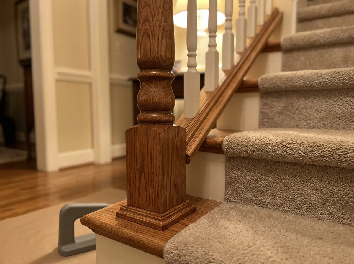 Turned oak newel post with a square base anchored at the bottom step of a staircase