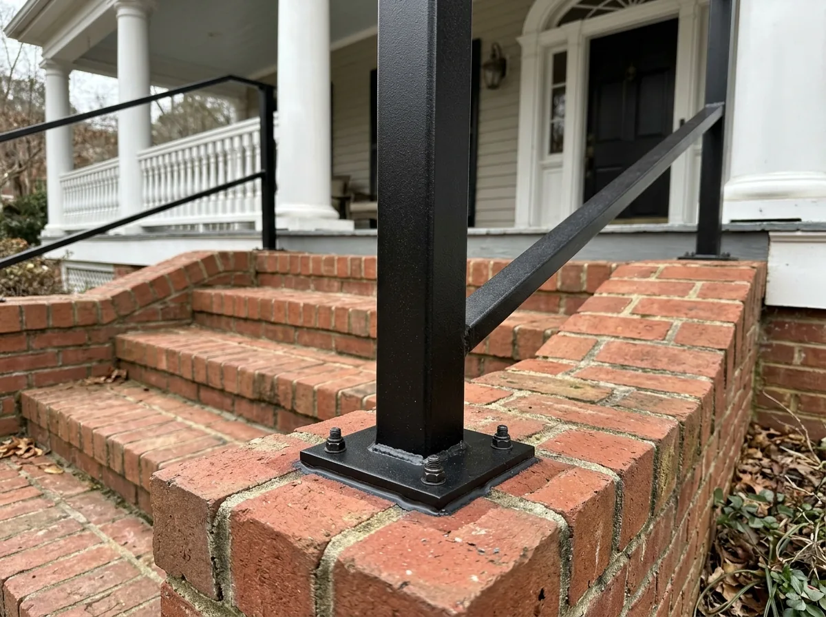 Black metal stair rail with square base plates bolted to the treads of red brick steps