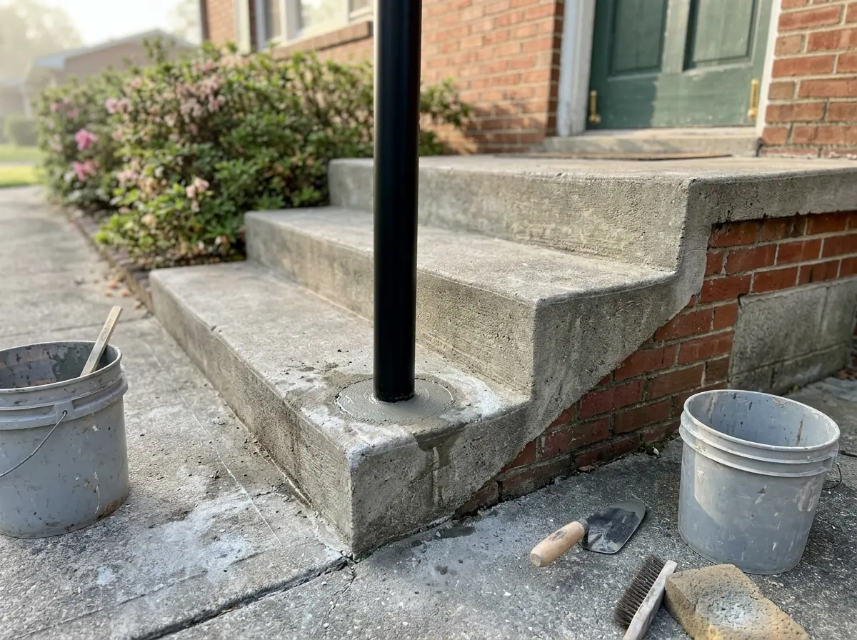 Black metal handrail post set into a cored hole in a concrete front step, with the joint sealed flush